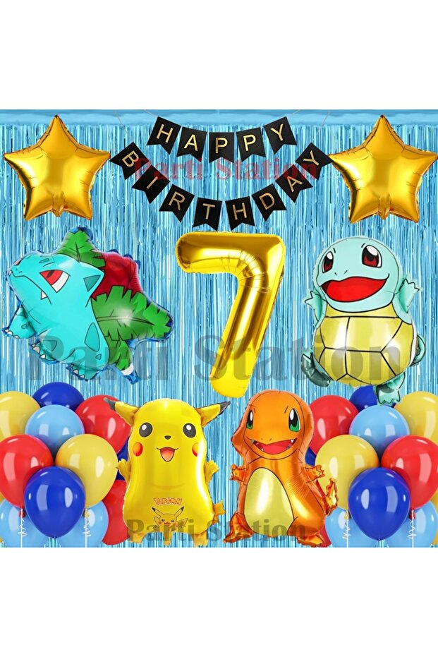 Pokemon Theme 7Th Birthday Curtain Balloon Set Pokemon Pikachu Bulbasaur Charmander Squirtle