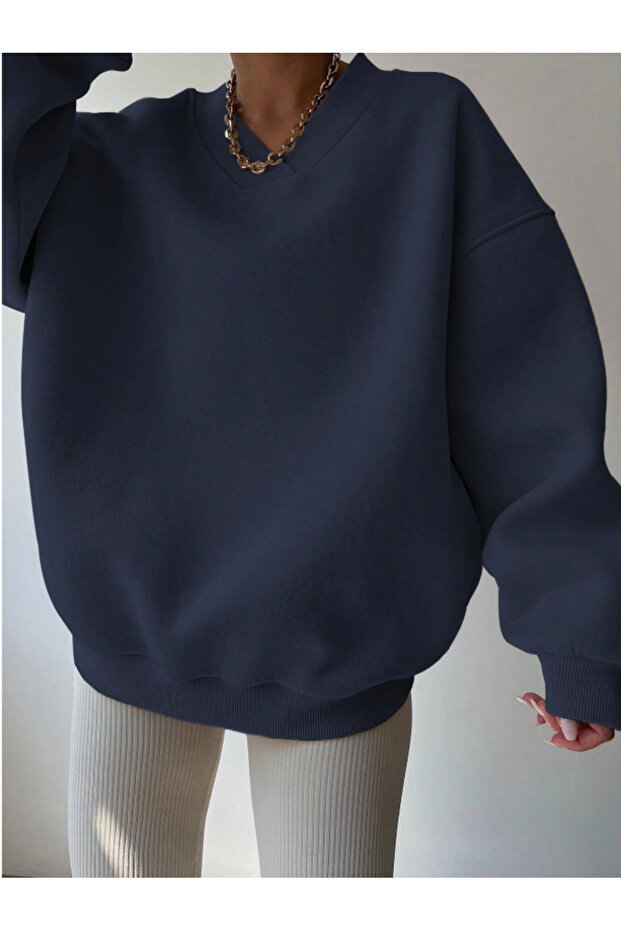 Oversize V Yaka Kadın Sweatshirt - 5