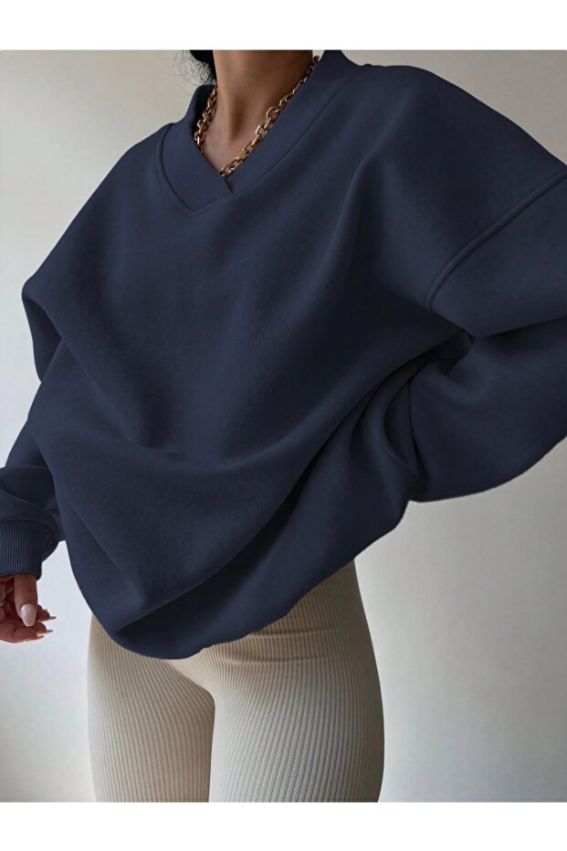 Oversize V Yaka Kadın Sweatshirt - 3