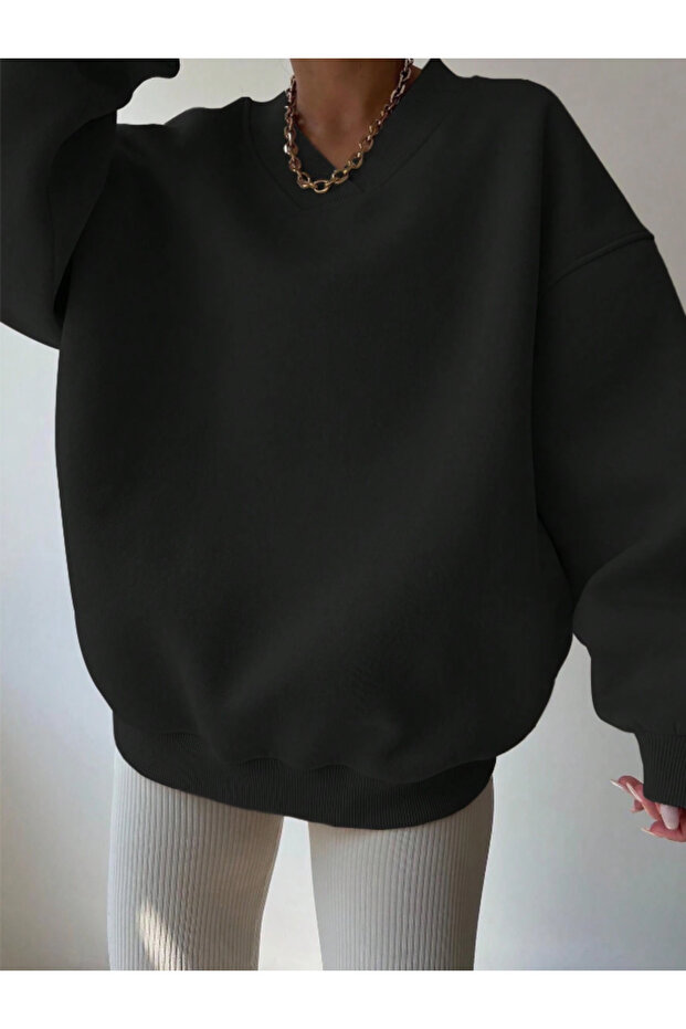 Oversize V Yaka Kadın Sweatshirt - 3