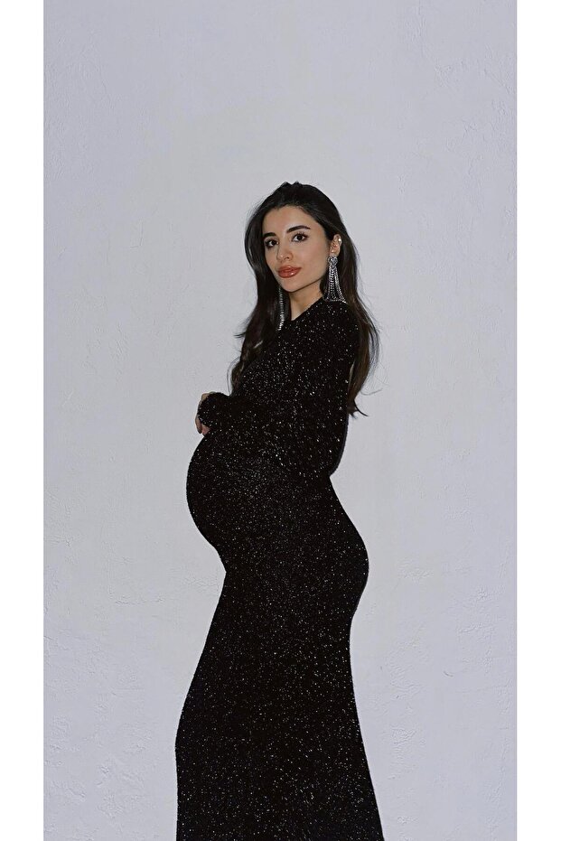 Simli Siyah Triko Elbise - 8