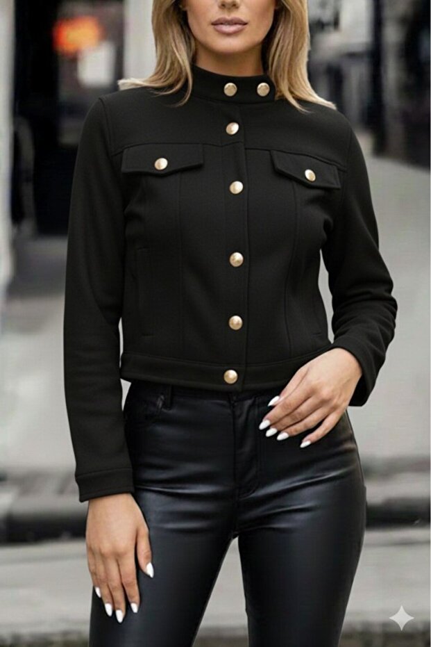 Women's Long Sleeve Suede Short Jacket with Buttons at the Neck and Front