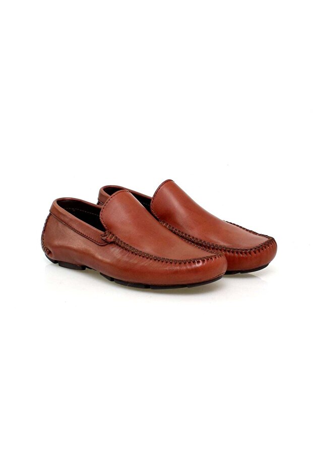 Cognac Color Laceless Genuine Leather Men's Shoes