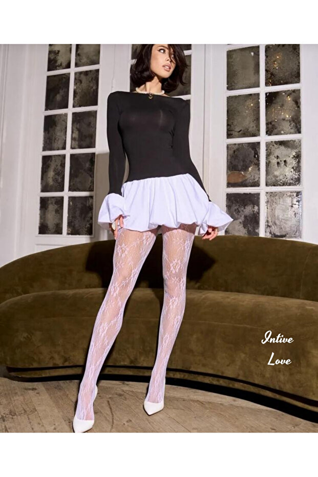 Denise Flower Floral Patterned Fishnet Modern Lace Look Pantyhose - White