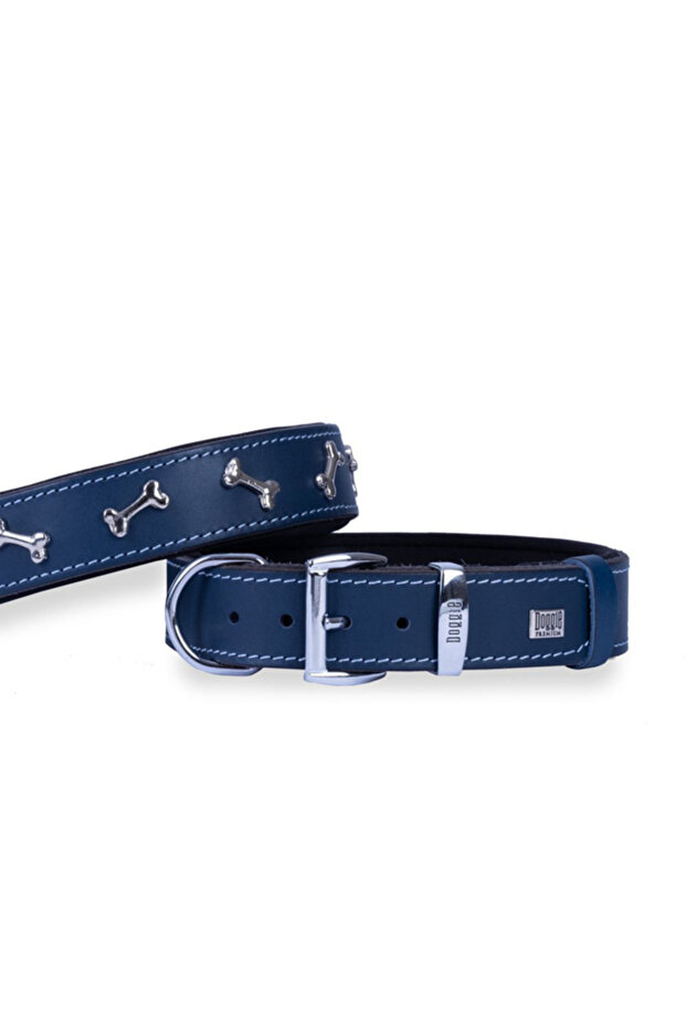 Comfort Leather Bone Decorated Dog Collar Tr-Large-Blue-3.5X52-60 cm