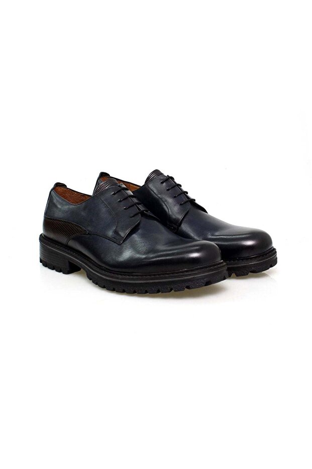 Dark Blue Color Lace-Up Genuine Leather Men's Shoes