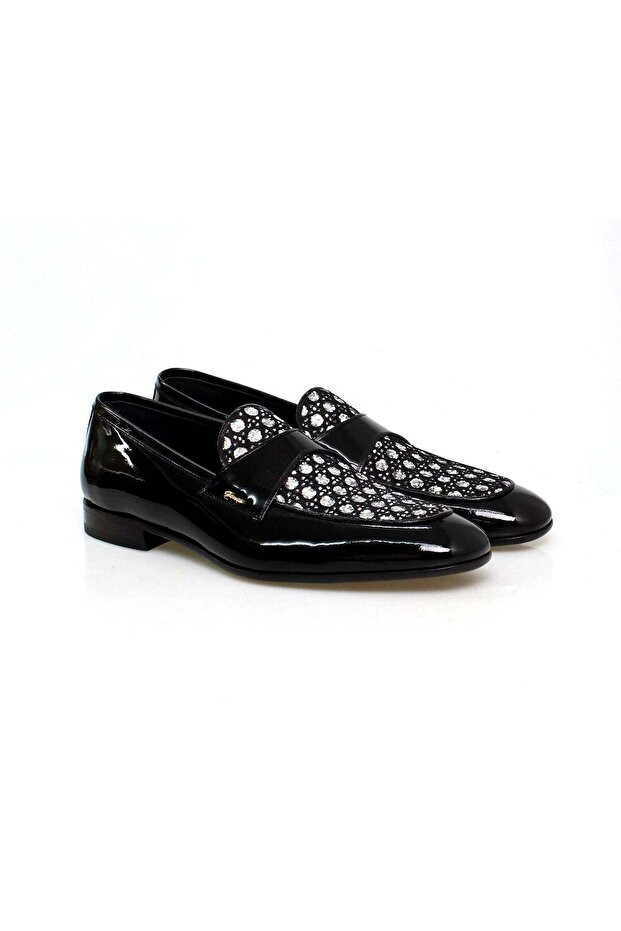 Black Color Laceless Genuine Leather Stone Men's Shoes