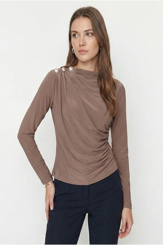 Women's Brown Boat Neck Shoulder Button Long Sleeve Sandy Fabric Blouse