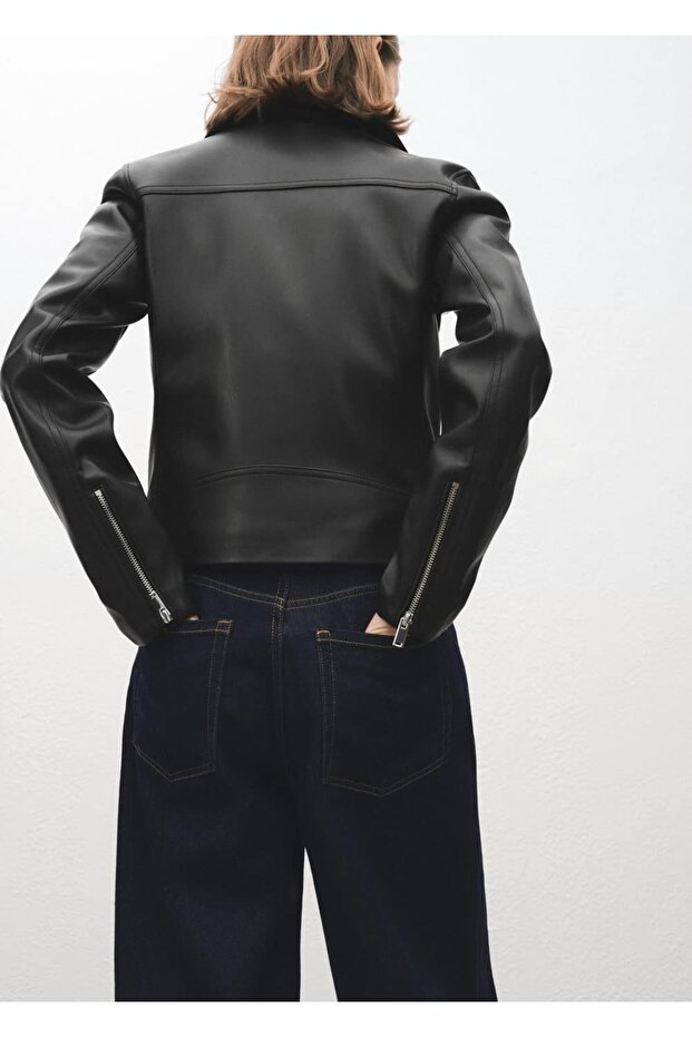 Deri görünümlü biker ceket - 4