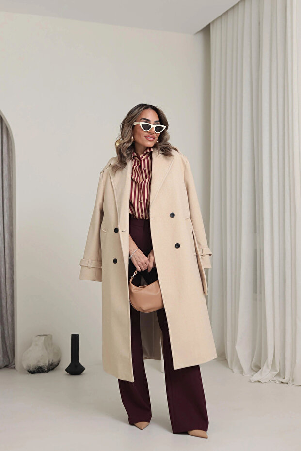 Stone-Colored Belted Epaulet Coat - 7095