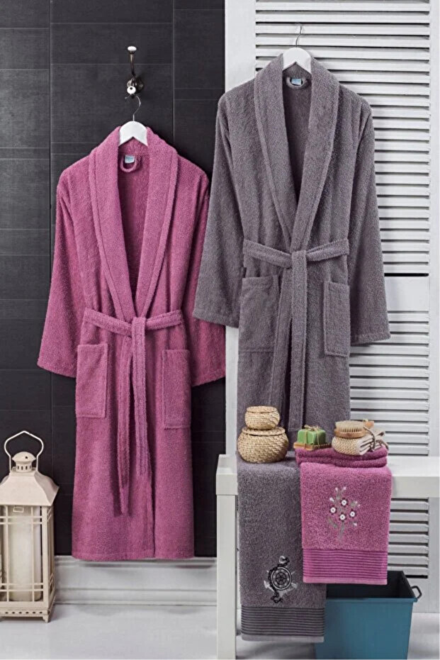 Fami̇ly 4-Piece Premium 100% Cotton Embroidered Bathrobe & Hair Towel Set & Dowry Set / Hamam Set