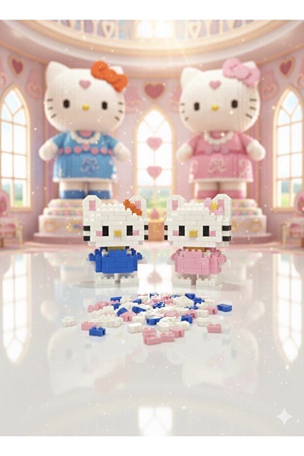 2'li Hello Kitty figür-Çiftler için Mini Blok Yapı Seti –Mini Yapı Oyuncak Seti -(MAVİ VE PEMBE)- - 1
