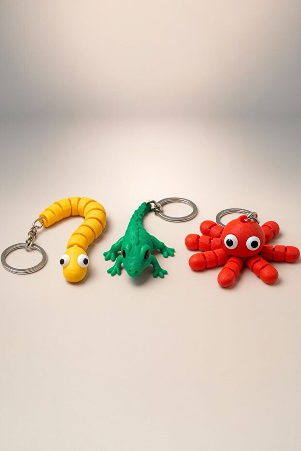 3 Pieces Movable Jointed Colorful Keychain Set - Iguana, Octopus, Snake - 3-Piece Gift Set