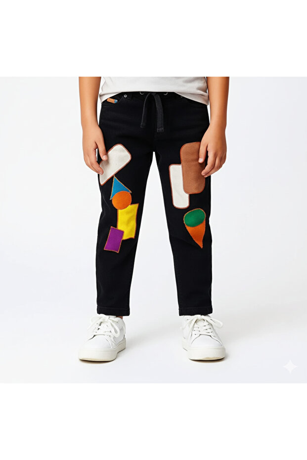 "Boys’ Blue Denim Joggers with Colorful Geometric Patchwork Design