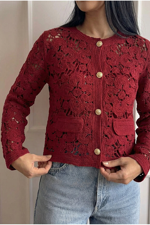 Women's Burgundy Standard Size Buttoned Crochet Lace Jacket