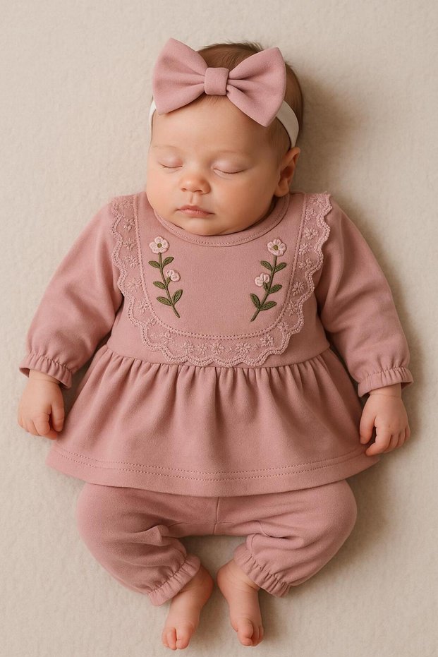 hospital take-home lace embroidered bow set for girls 100% Organic Cotton