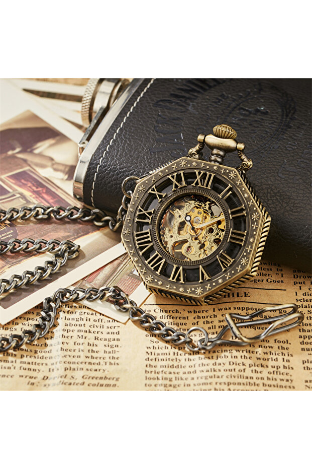 PM005 Ramadan Classic Hexagonal Mechanical Pocket Watch FOB Chain Steampunk Roman Dial Skeleton Gold