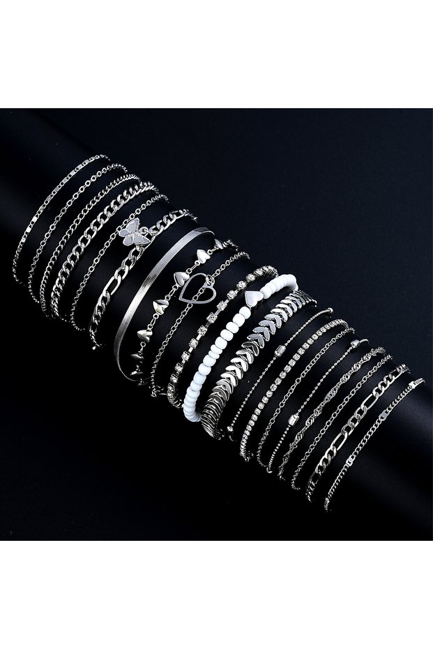 AYASilver 19Pcs/Set New Design Silver Color Anklet Sets for Women Fashion Pearl Butterfly Heart Crys