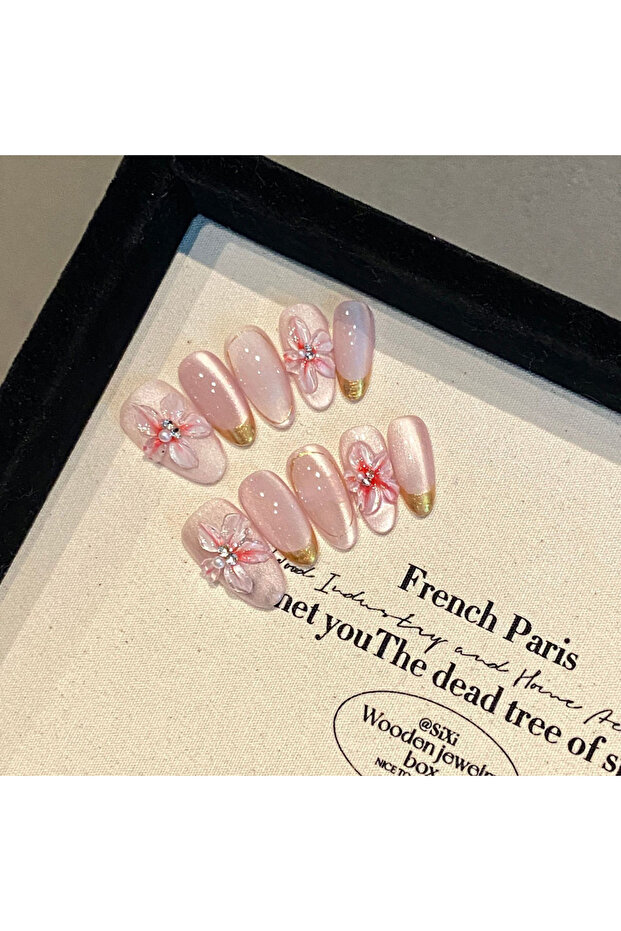 S 10pcs Glossy Pink Press On Nails Handmade Flash Cat's Eye False Nails 3D Flower Golden Edge Desig.