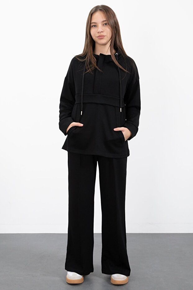 Black Half Zipper Hooded Girls Wide Leg Tracksuit Set 23408