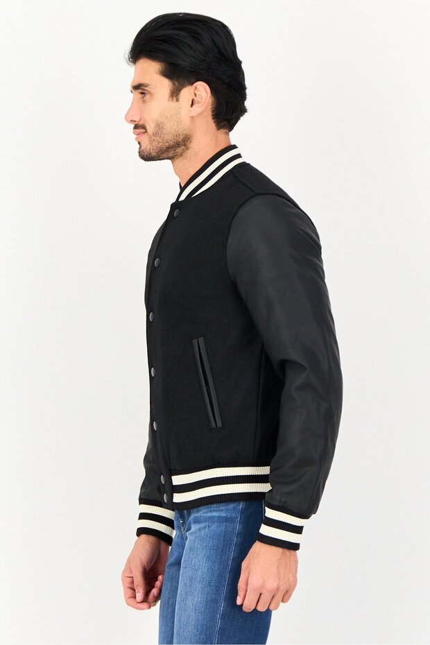 Men Plain Bomber Jacket, Black - 4