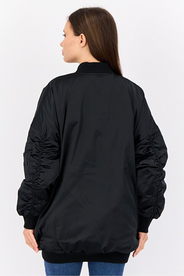 Women Solid Bomber Jacket, Black - 3