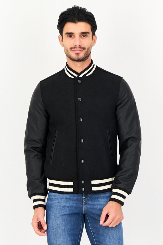 Men Plain Bomber Jacket, Black - 1