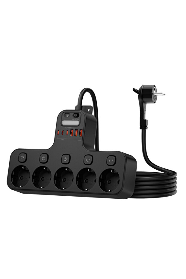 Straight Line Black 4000W Power Strip European Standard Plug Independent Switch Eu Ac Plug 2m Extens