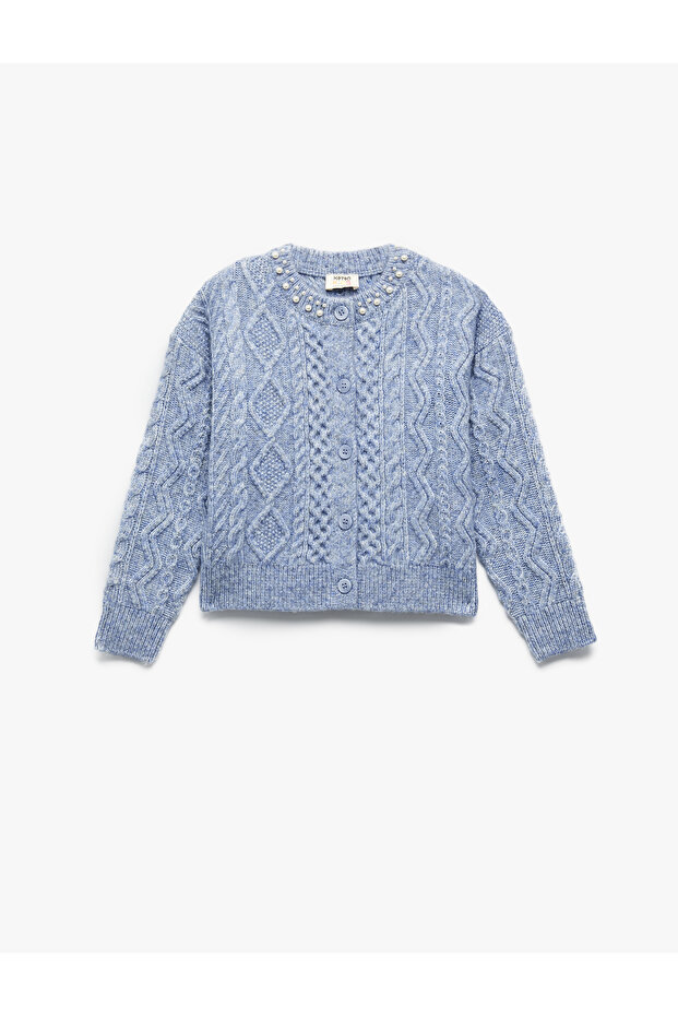 Long Sleeve Crew Neck Stone Detailed Knitwear Cardigan