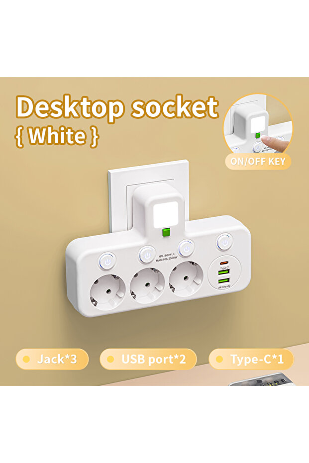 مقبس USB أبيض بمقبس الاتحاد الأوروبي لسطح المكتب مزود بلوحة طاقة مثبتة على الحائط ومقبس متعدد المنافذ لاسلكي وفلتر شبكة - 1