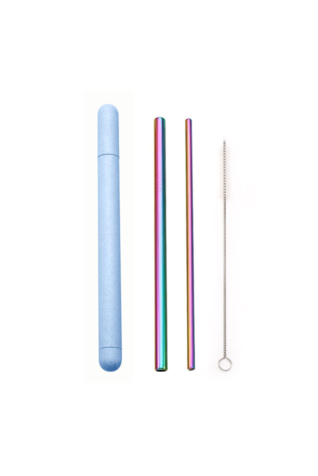Rainbow-Blue Box 18/10 Stainless Steel Straw Set Quality Metal Straw Reusable Drinking Straw With Cl