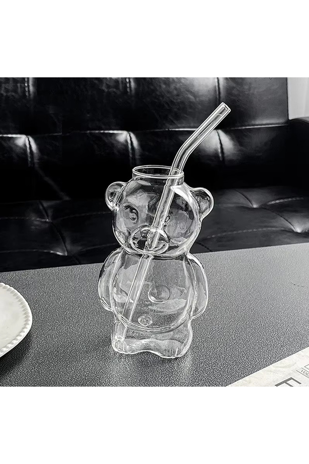 201-300ml Bear Mug with Straw 320ML Cartoon Bear Shaped Coffee Mug Cute Bear Mug Glass Cup With Stra