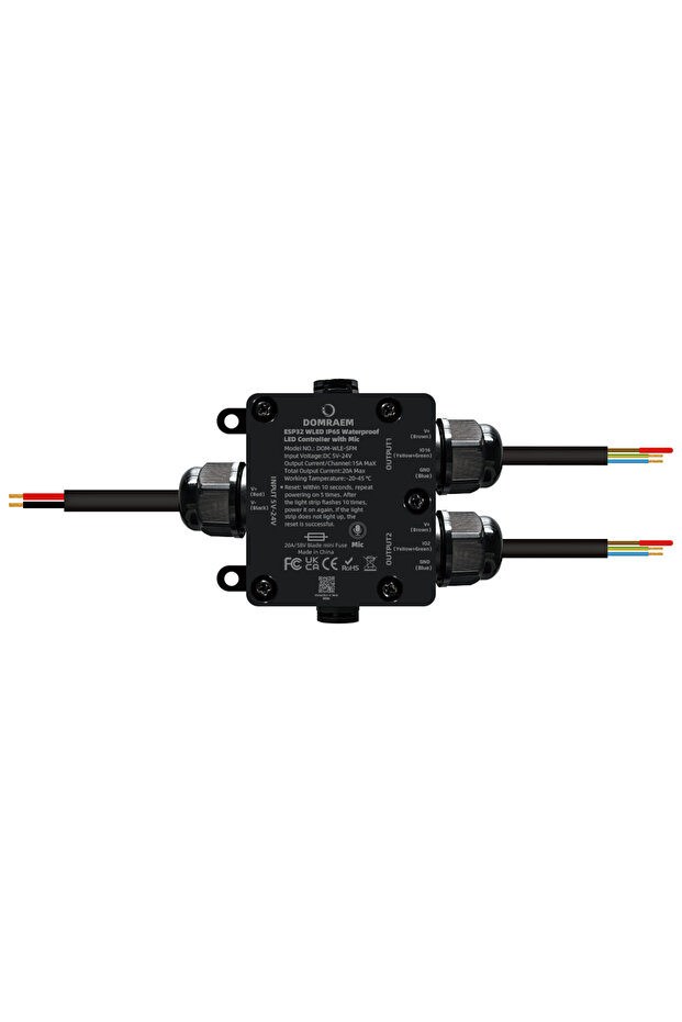 DOM-WLE-SFM ESP32 Mic 2CH IP65 DOMRAEM ESP32 WLED وحدة تحكم LED 2CH قابلة للعنونة 20A فيوز مدمج R