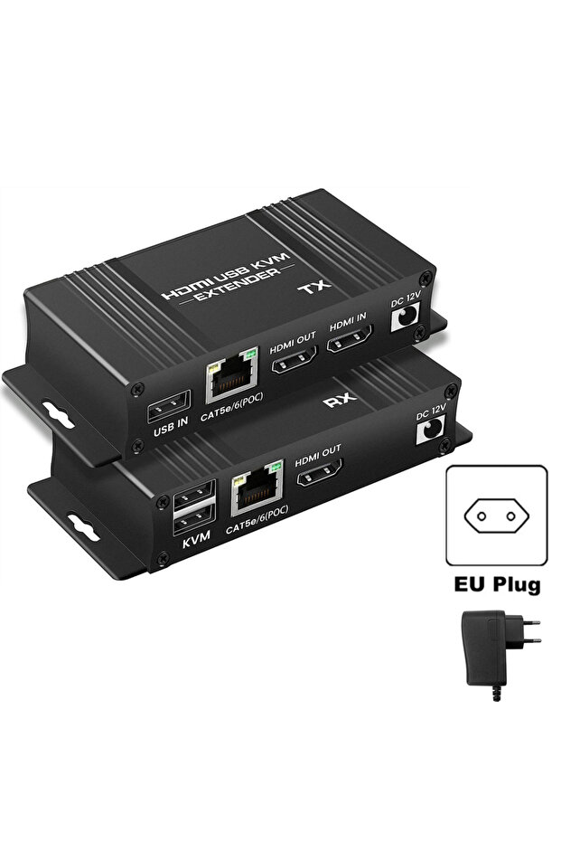 موسع HDMI KVM بمقبس الاتحاد الأوروبي بطول 60 مترًا عبر إيثرنت Cat5e/6 1080P كابل KVM USB POC تمديد حلقة HDMI