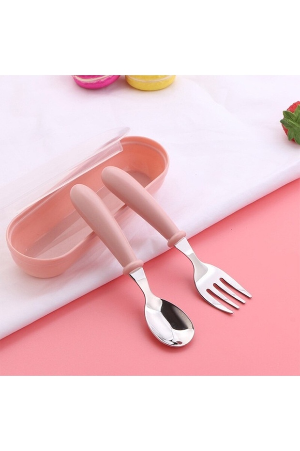 Pink 3-Piece Children's Utensil Set 304 Stainless Steel Spoon Fork for Toddlers with Portable Case T