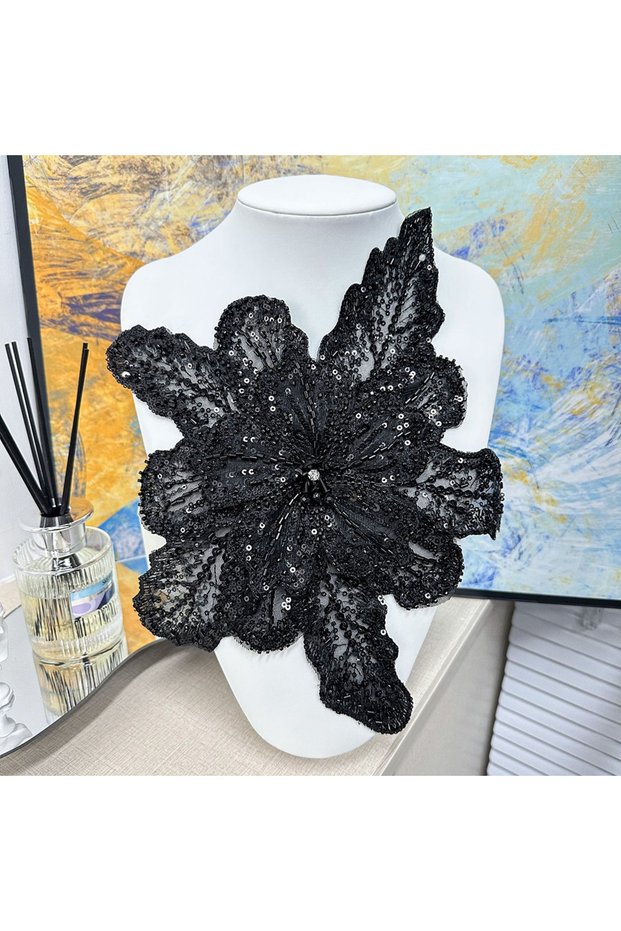black 1PC Sequin Beaded 3D Floral Lace Patches Multi Layered Applique Clothing Fabric Sewing Materia