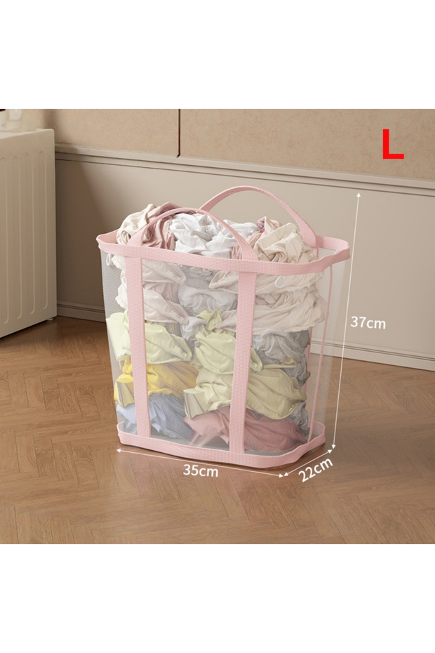 Pink-L 1 PC Nylon Mesh Laundry Basket with Handle Breathable Folding Portable Dirty Clothes Organize