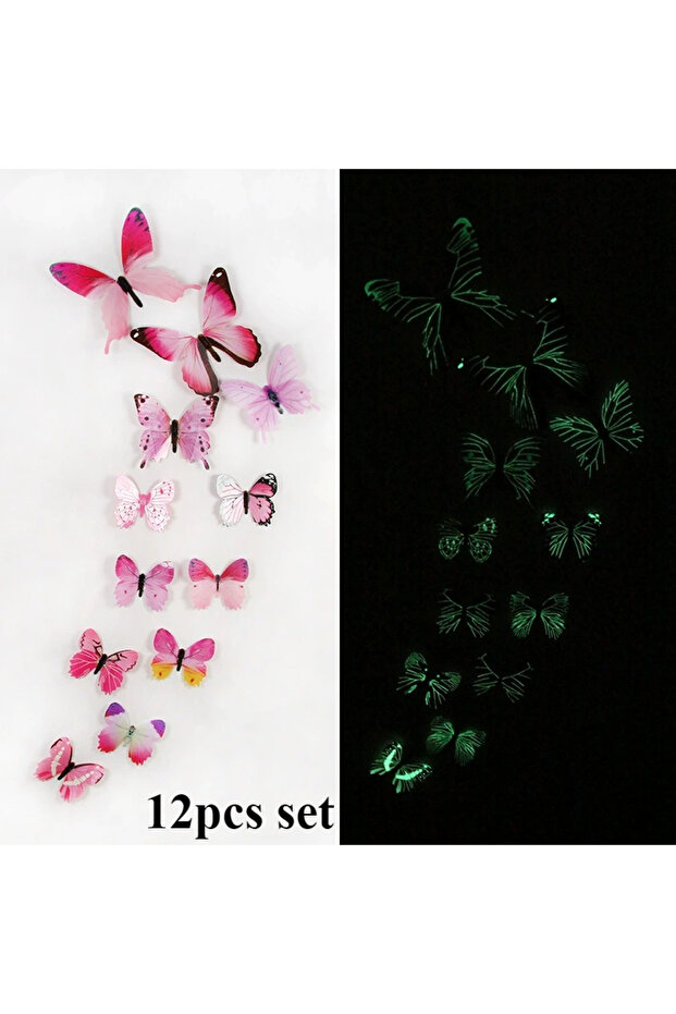 Choice Pink 12pcs Glow-in-the-Dark 3D Butterfly Wall Decals UV Activated Luminous Stickers for Bedro