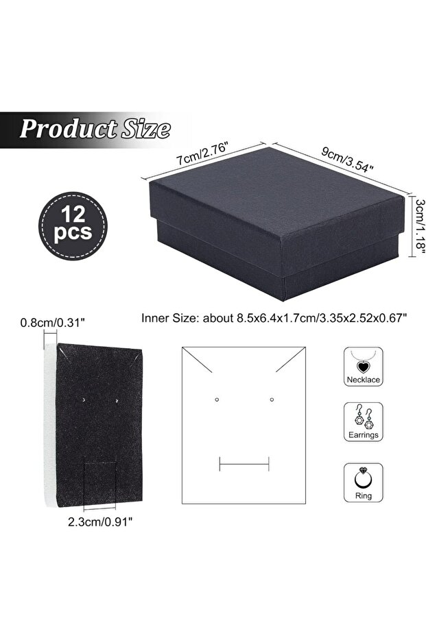 AECH08-03247 12 Pcs Black Rectangle Jewelry Box 3.5x2.8x1.2 Cardboard Jewelry Boxes with Cardboard R