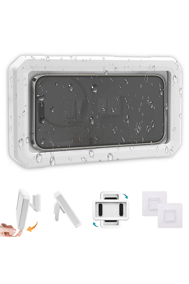 WHITE 480 Rotation Bathroom Waterproof Phone Holder Home Wall Phone Case Stand Box Self-adhesive Tou