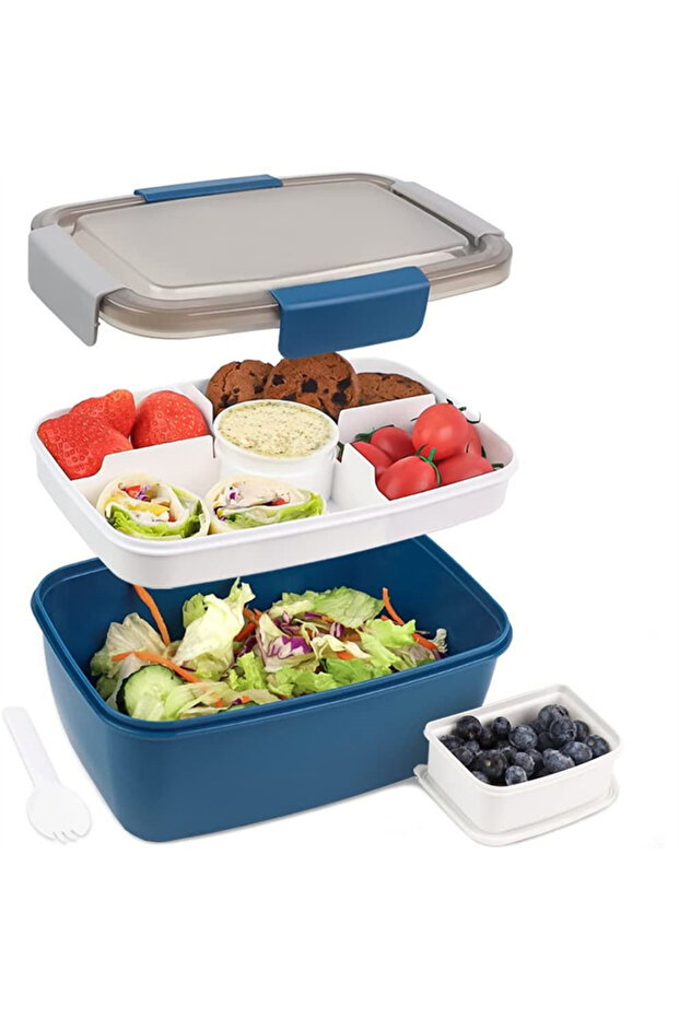 Blue Large Microwave Safe Bento Box Big Salad Food Container 4 Compartment Tray BPA-Free Lunch Box S