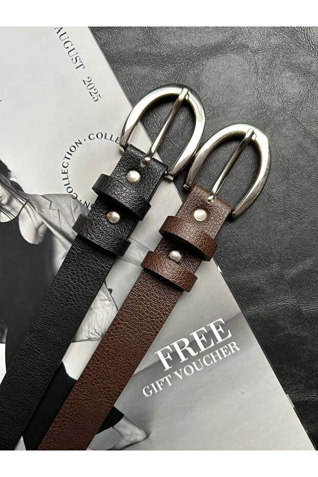2-Pack Lust Classic Patterned Women's Silver Buckle Belt Jacket Belt Dress Belt Trouser Belt
