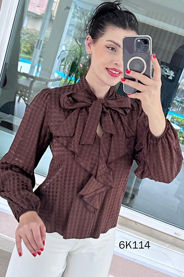 Collar Lace-Up Flounce Satin Blouse 6K114