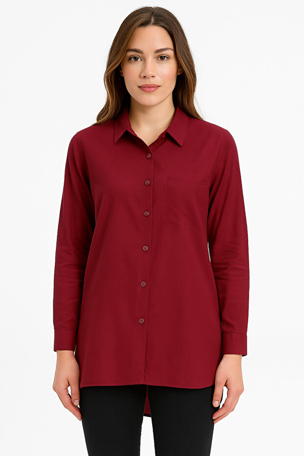 Women's Burgundy Viscose Shirt with Regular Front and Long Back – Comfortable Fit -