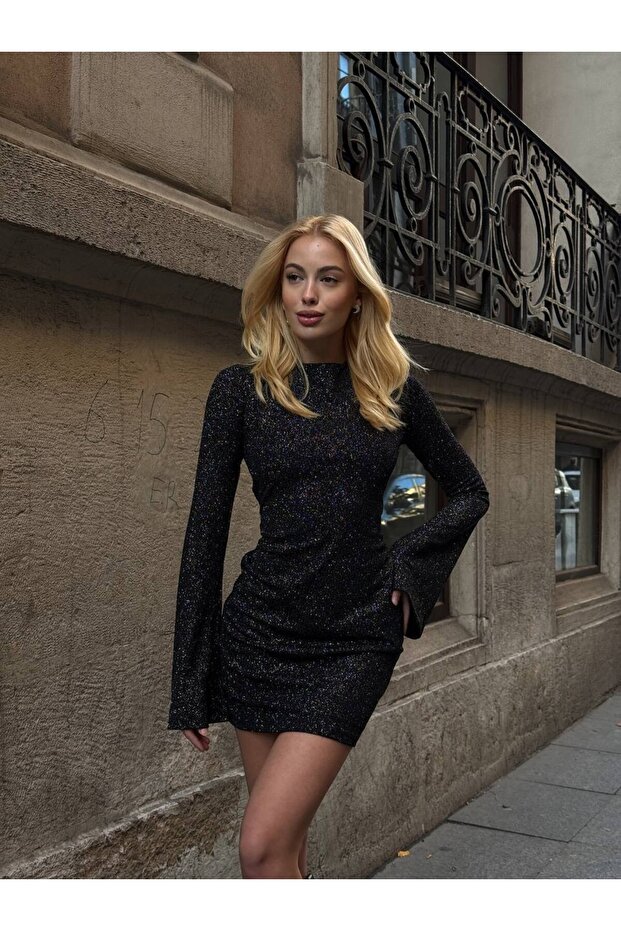 Mini Simli Elbise İspanyol Kol: - 4