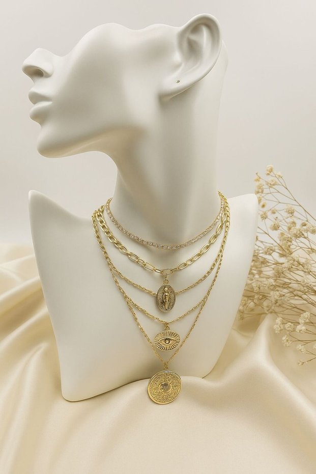 Gold Color 3-Piece Medallion Necklace Set – Vintage, Sparkling and Stylish Design Triple Necklace