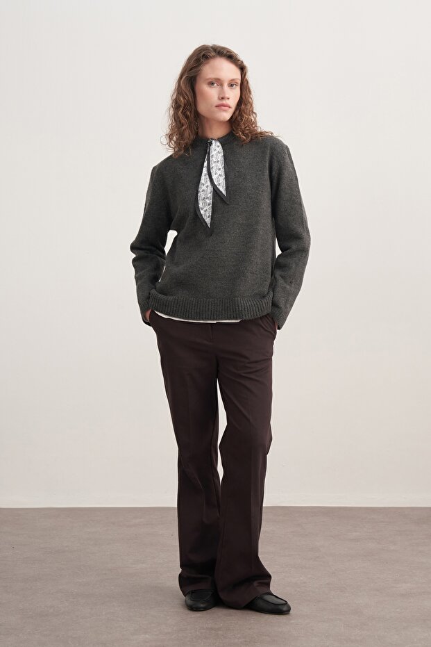 Women's Scarf Collar Knit Sweater Anthracite