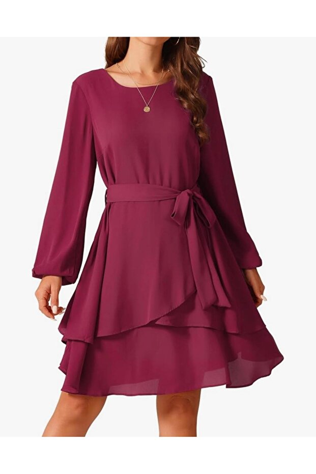 Rochie lungă din chiffon cu mânecă lungă și volan