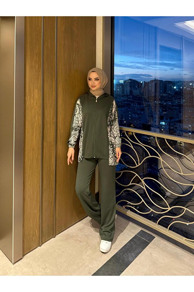 Hijab Ethnic Pattern Zippered Double Set