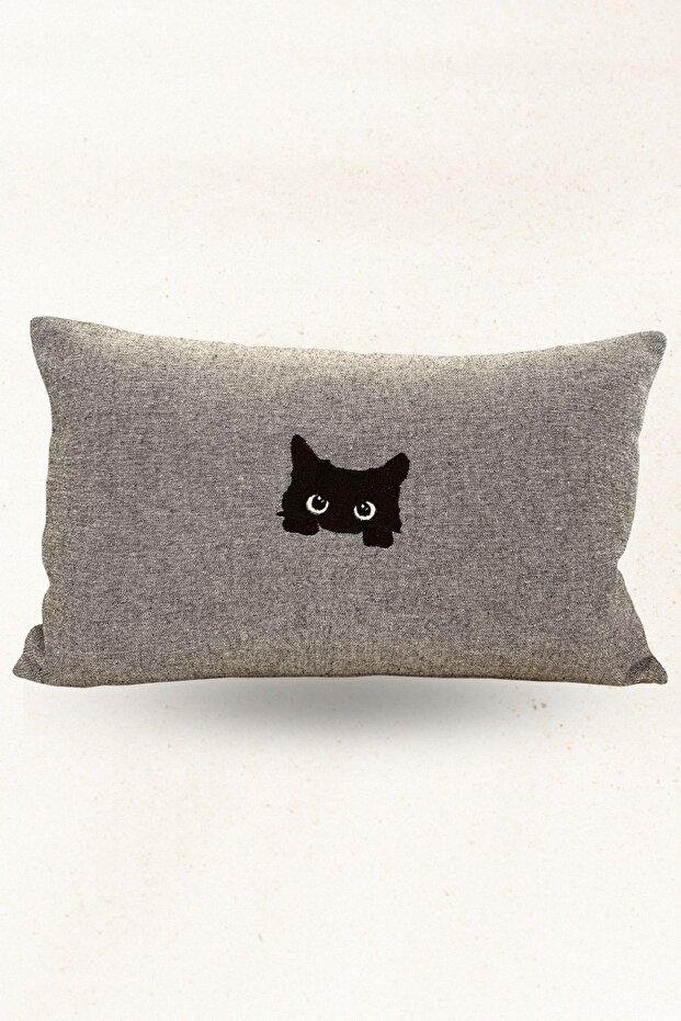 100% Linen Embroidered Decorative Pillow – Black Cat Patterned Stuffed Throw Pillow